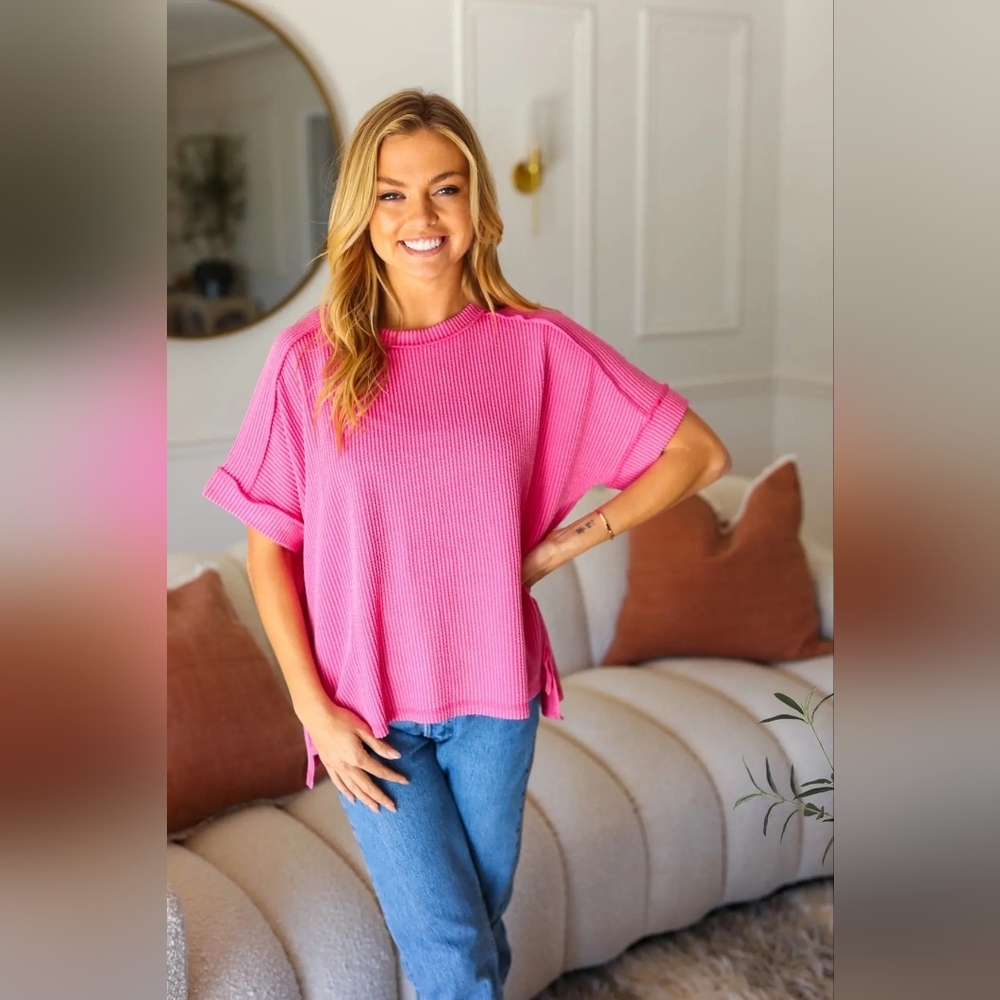💥NEW Sunny Days Fuchsia Mineral Wash Rib Cuff Sleeved Top
